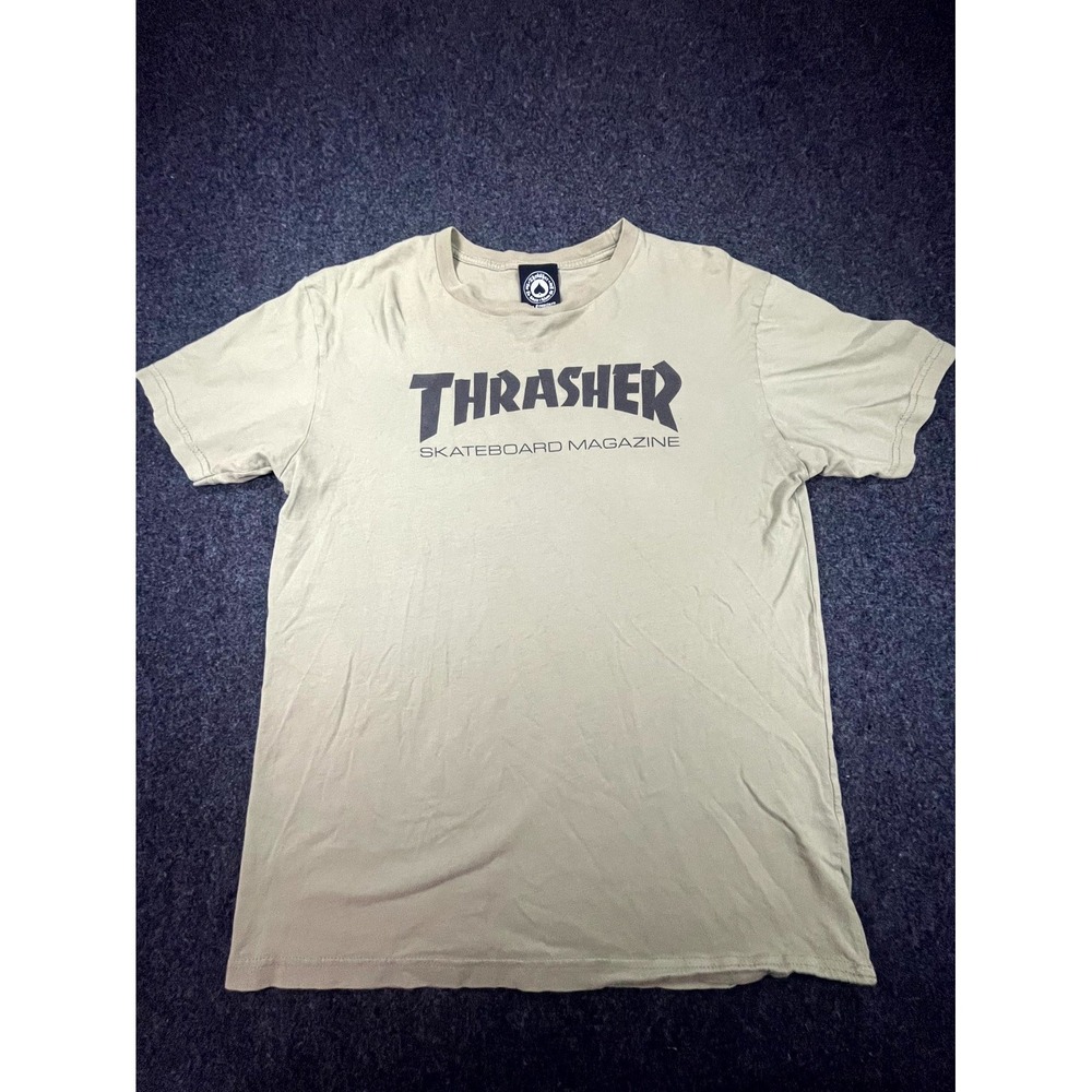 Thrasher Skateboard Magazine T Shirt Men's Medium Olive Green Graphic Round Neck